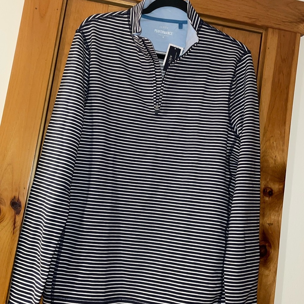 J.Crew Shirt Navy and White Striped Half-Zip Long Sleeve Nautical Mens Small - Picture 5 of 11